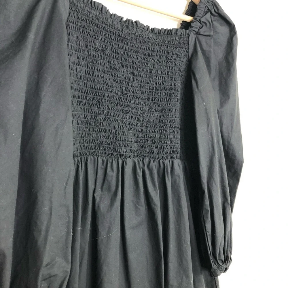 J Crew black smocked bodice puff sleeve, midi dress